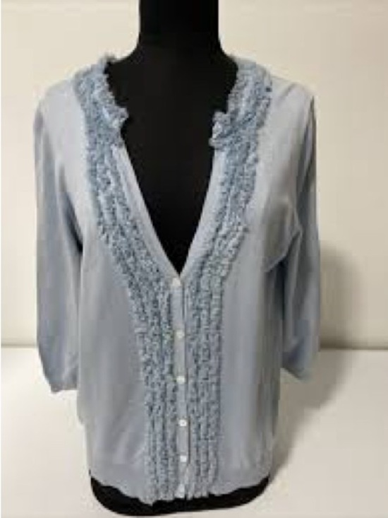 Talbots Sweaters - Talbots Petiites Light Blue Ruffle-Trim V-Neck Cardigan